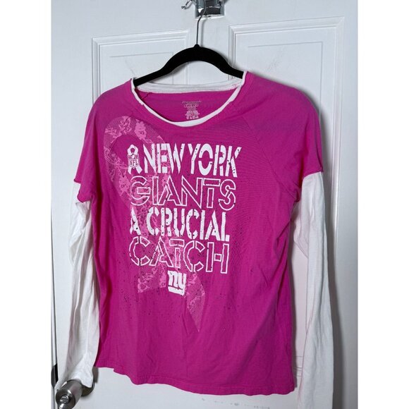 Reebok Womens Cotton Pink & White New York Giants LS Shirt Size L Breast Cancer - Picture 2 of 8
